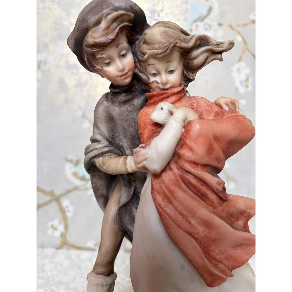 VTG Giuseppe Armani Boy and Girl with Lamb Figurine Statue on Wood Base